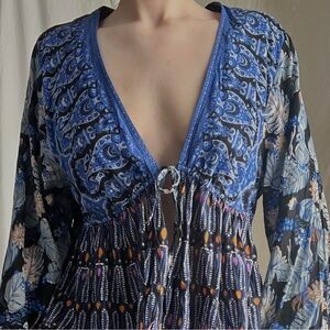 Free People Flowy Bohemian Blue Paisley Tie-Front Top